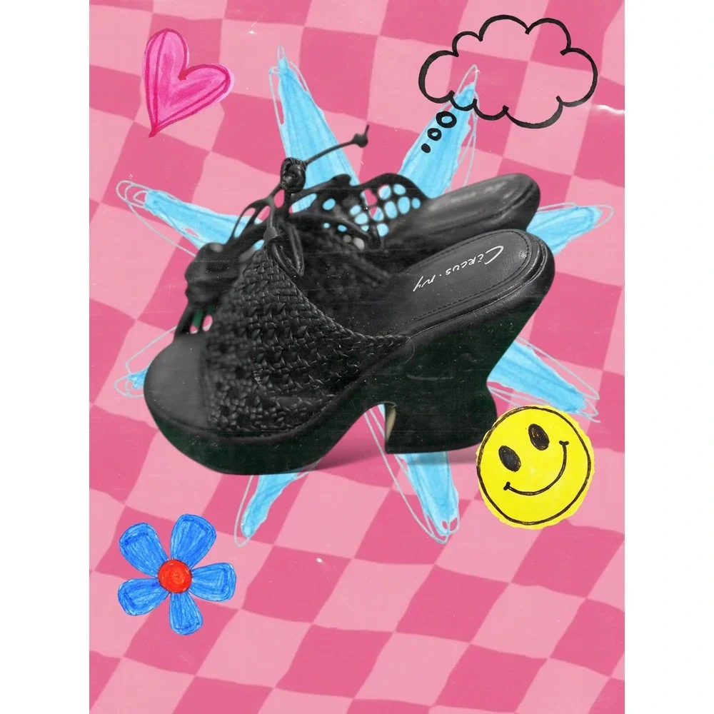 Circus‎ NY Black Woven Platform Wedge Mules Sandals Shoes size 7